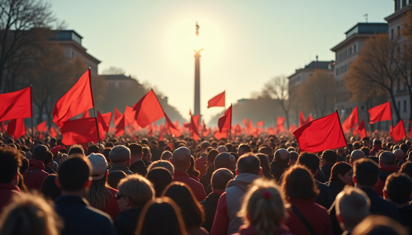 Eye-level view of a political rally with a large crowd and banners